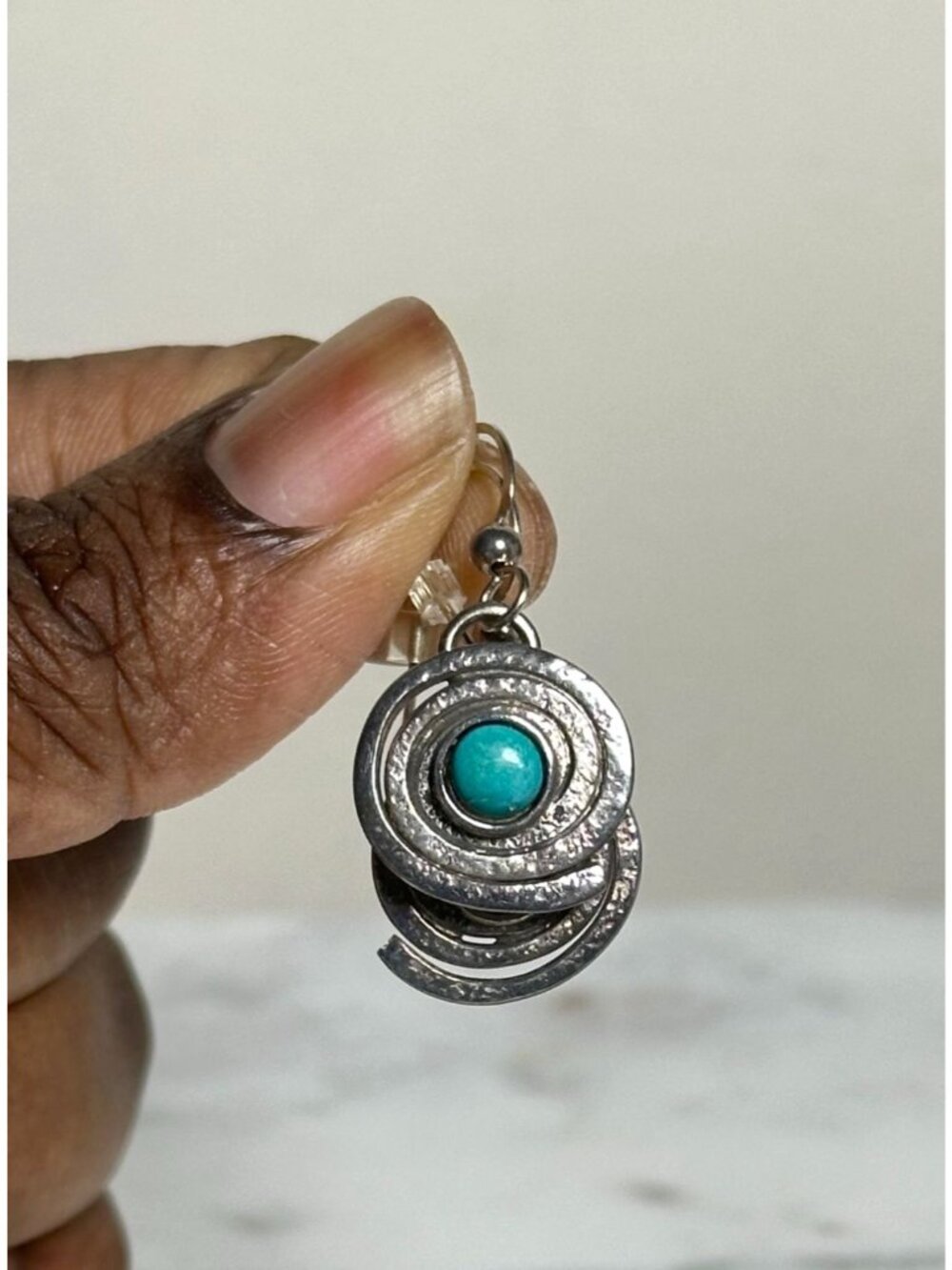 Vintage Turquoise Dangle Dainty Earrings Silver Spiral Disc Drop Earrings Boho - Picture 5 of 5